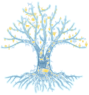 A stylized tree with blue branches and roots, filled with outlines of animals and people, symbolizing interconnectedness of life and nature.