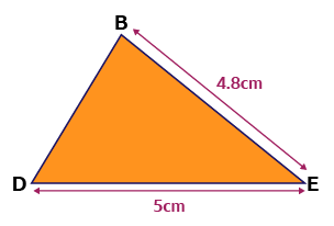 An image of the smaller triangle DBE on its own. The side DE, which is the base of the triangle, is labelled 5cm. The side BE is labelled 4.8cm. The side DB is unlabelled.