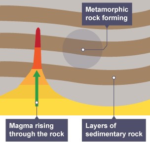 Metamorphic rocks may form from rocks heated by nearby magma