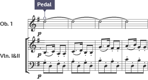 Four bar excerpt of arco strings with an inverted pedal in the oboe.