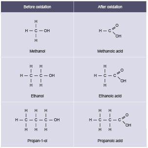 Methanol, ethanol and propan-1-ol before and after oxidisation to create carboxylic acids.