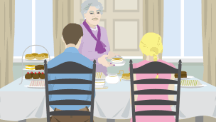 A well dressed older woman serves afternoon tea to her son and his partner