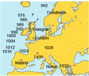 Map showing isobars and weather systems