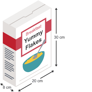 The volume of this cereal packet is: 8cm x 20cm x 30 cm = 4,800 cm cubed.