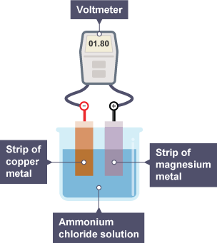 A strip of copper and a strip of magnesium are in a beaker of ammonium chloride solution. There is a voltmeter attached to the two bits of metal.