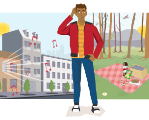 Patrice standing in between a town and countryside scene, torn between the two. 