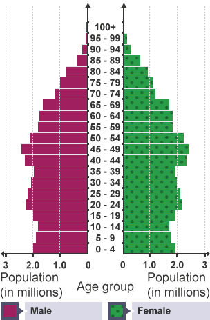 Pyramid graph showing the age range of the UK population.