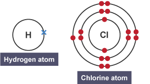 A hydrogen atom with one electron and a chlorine atom with 17 atoms.