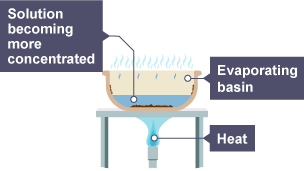 The amount of the solution has reduced as some has evaporated. Small deposits can be seen at the bottom of the basin containing the solution.