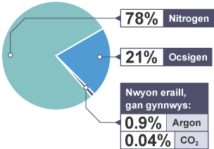 Siart cylch yn dangos bod aer wedi'i wneud o nitrogen (78%), ocsigen (21%) a nwyon eraill, gan gynnwys argon (0.9%) a charbon deuocsid (0.04%).