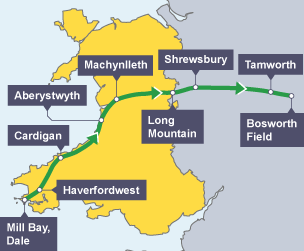 A map showing Henry Tudor’s journey across Wales stopping at Mill Bay in Dale, Haverfordwest, Cardigan, Aberystwyth, Machynlleth, Long Mountain, Shrewsbury, Tamworth and Bosworth Field 