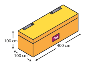 Toy box with measurements of  100 cm height x 100 cm width x 400 cm length to help calculate surface area and volume.