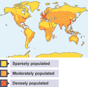 A choropleth map shows global population densities by colouring in similar areas in the same colour and pattern. A key explains what each colour means.