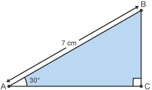 Right-angled triangle ABC where the hypotenuse AB equals 7 cm, and the angle equals 30 degrees