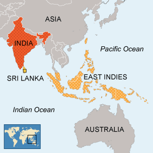 Map to illustrating the location of the East Indies, India and Sri Lanka