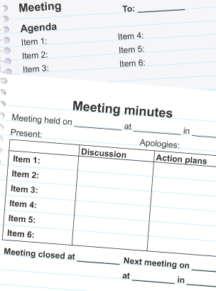 Mock up of agenda and minutes with information on when the meeting was held, who was present and items discussed in the meeting.