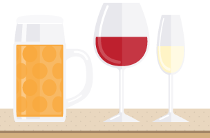 A glass of beer, a glass of red wine, and a glass of white wine.