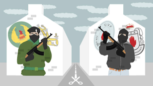 Illustration of mural showing republican and loyalist paramilitaries