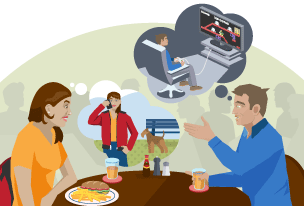 A man and a woman talking over food and drink. Thought bubbles illustrate that the man is thinking about gaming and the woman is thinking about walking her dog whilst talking on the phone.
