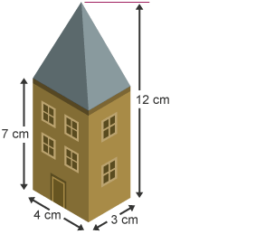 A house measuring 7 cm x 4 cm x 3 cm with a total height of 12 cm