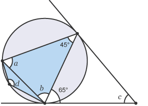 Cyclic quadrilateral broken up into 2 triangles plus tangent lines at angle c. Unknown internal angles of triangles labelled