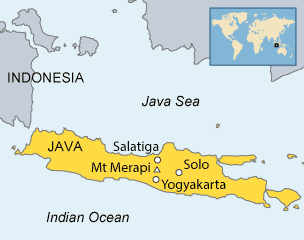 Mt Merapi is on the island of Java, in the Indian Ocean.