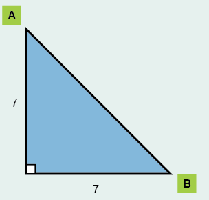 Right angled triangle. Hypotenuse A to B unmarked. Other sides 7 and 7.