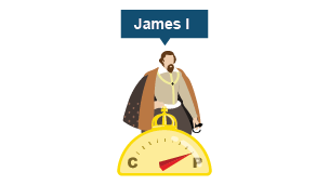 An illustration of James I. A compass shows an arrow pointing to P for Protestant