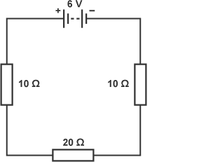 Circuit with a 6 V battery, two 10 ohm resistors and a 20 ohm resistor in series.