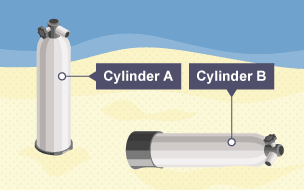 Two scuba diving tanks are on the sand. One is stood up and quite sunken in the sand, the other is lay down and less sunken.