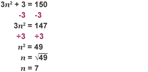 An infographic showing how to discover if 150 is in the sequence 3n squared + 3. n squared is 49, n is 7.