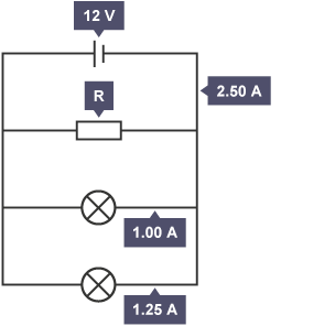 A circuit diagram shows a resistor connected in parallel with two lamps.