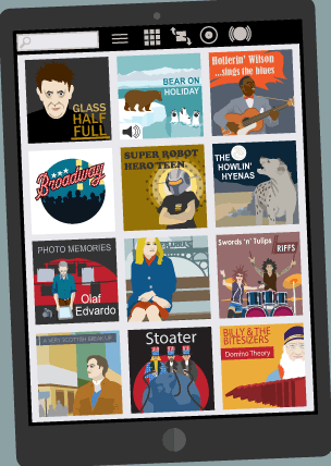 A tablet showing music albums