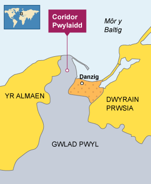Map o’r Almaen, Gwlad Pwyl a Dwyrain Prwsia yn dangos ardal y Danzig a’r Coridor Pwylaidd.