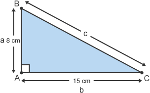 Right angle triangle with sides c, 8cm (a) and 15cm (b)