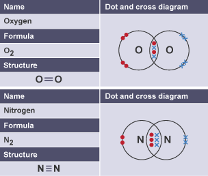 Oxygen and nitrogen with their formulas, structures and dot and cross diagrams.