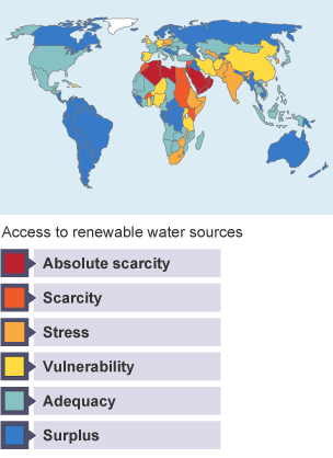 Northern Africa and central Asia are areas with water scarcity.