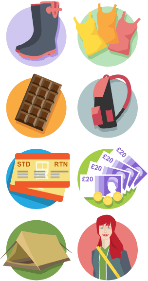 Casgliad o eiconau sy'n darlunio eitemau i'w pacio ar gyfer gŵyl