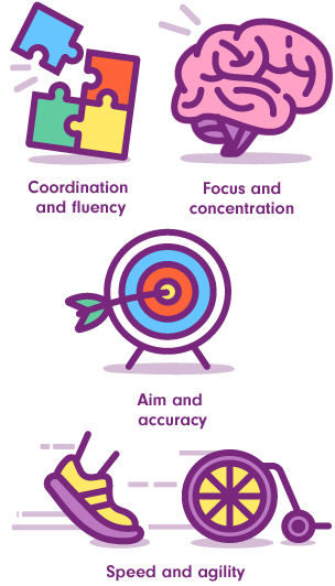 Coordination and fluency; Focus and concentration; Aim and accuracy; Speed and agility