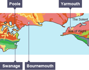 A geological map shows layers of different rocks in different colours.