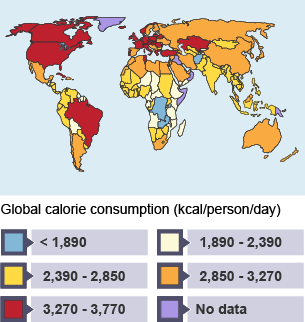 The greatest calorie consumption (3,270 - 3,770 kcal/person/day) is in North America, South America and Europe. The smallest calorie consumption (less than 1,890 kcal/person/day) is in central Africa.