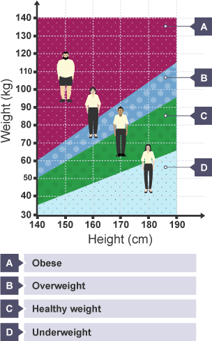 A graph with weight in kg on the vertical axis; height in cm on the horizontal axis. The categories used are underweight, healthy weight, overweight, obese.