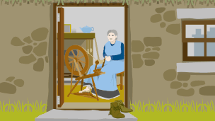 An elderly woman sits by the fire working on her spinning wheel