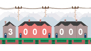 A row of houses, with electricity pylons in the background, to convey that 3 million houses were due to be built during the 1930s.