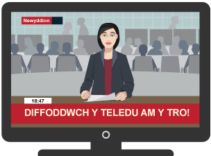 Set deledu yn dangos rhaglen newyddion, gyda'r pennawd "Diffoddwch y teledu am y tro!" ar y sgrîn.