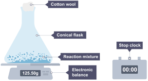 The apparatus used for measuring the mass of gas lost in a rate of reaction experiment.