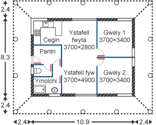 Cynllun llawr tŷ yn mesur 8.3 x 10.9