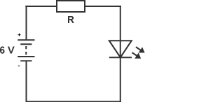 Circuit with a 6 V battery, resistor R and an LED connected in series.