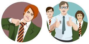 Two images: A schoolboy pulling at his collar and another image of a teacher with his thumbs up with two pupils either side of him.