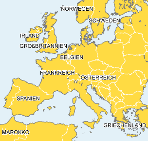 A map of Europe and north Africa with 10 countries labelled.